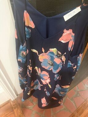 Peach Love California Navy Floral Midi Dress with Coral Accents